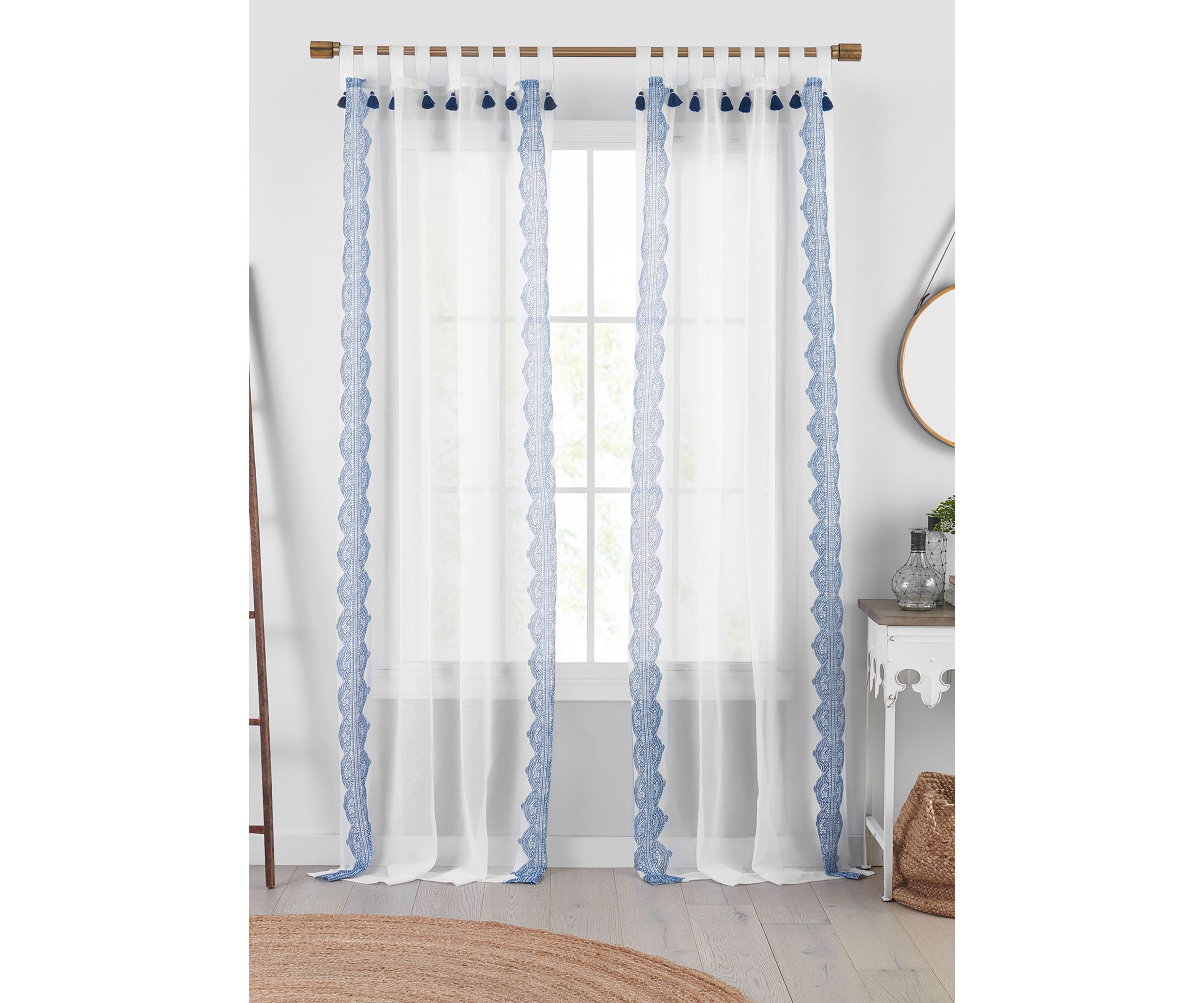 Shilo Boho Sheer Tab Top Window Curtain Panel with Tassels