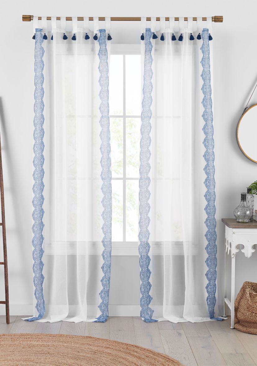 Shilo Boho Sheer Tab Top Window Curtain Panel with Tassels