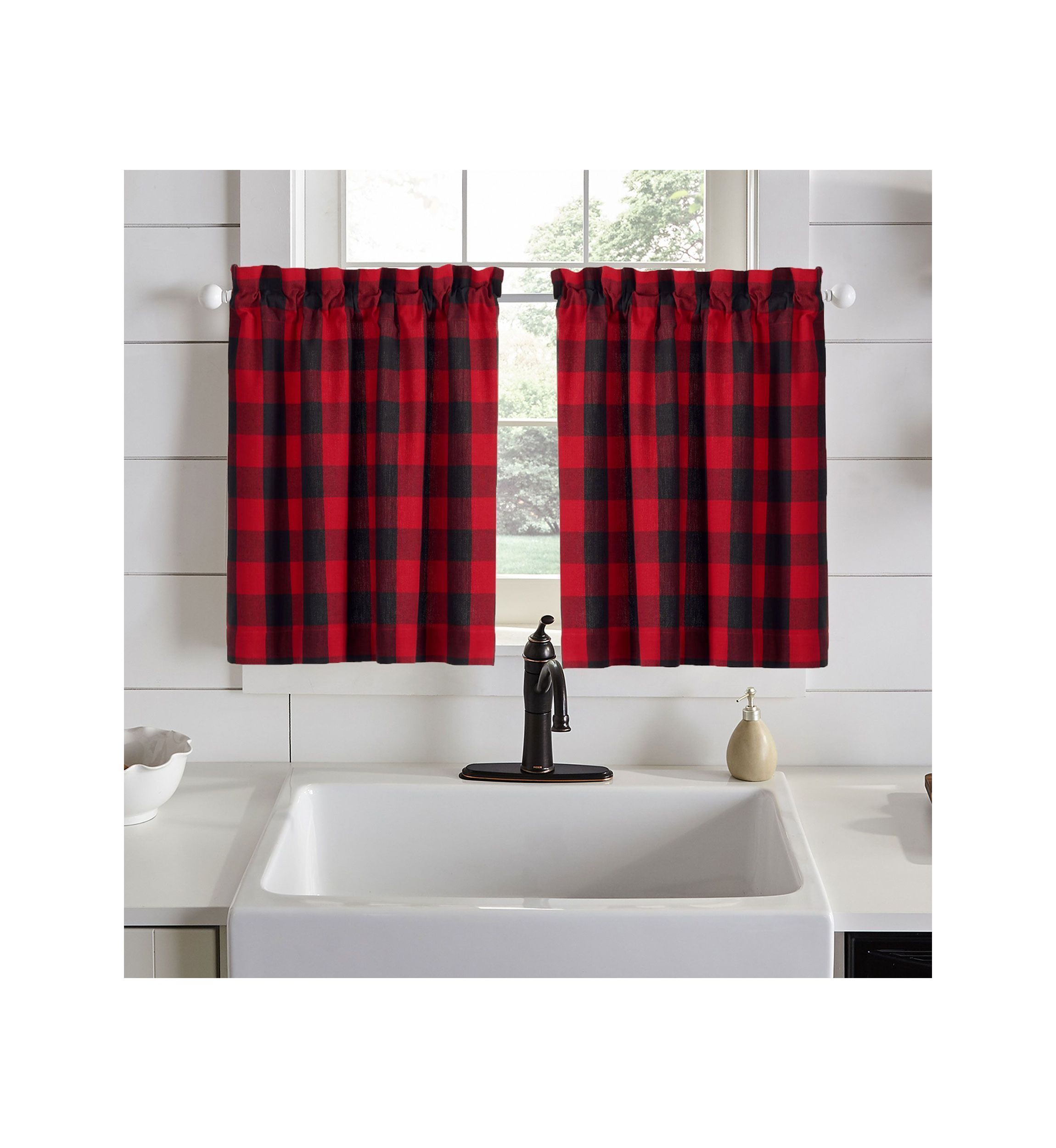 Farmhouse Red/Black Buffalo Check Kitchen Curtain Tiers, Set of 2