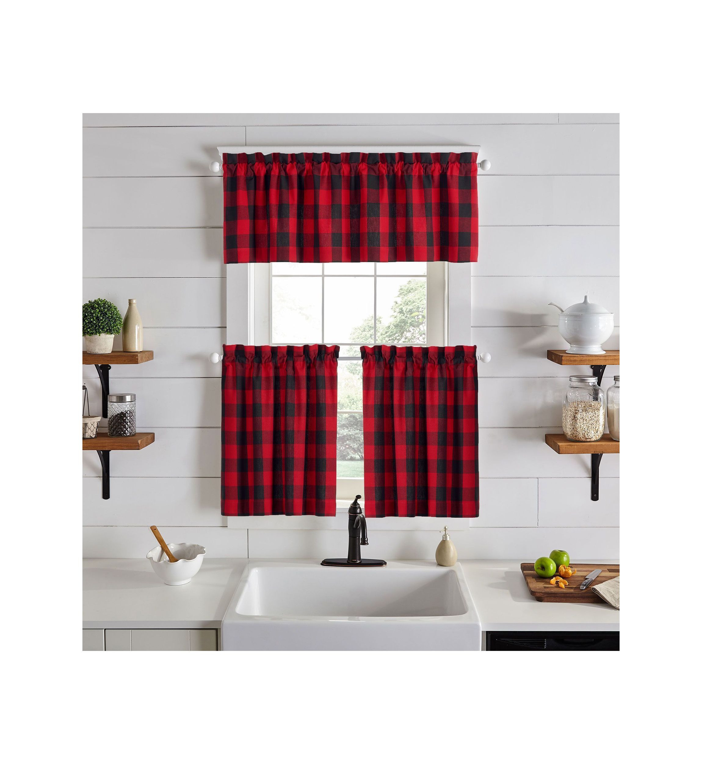 Farmhouse Red/Black Buffalo Check Kitchen Curtain Tiers, Set of 2