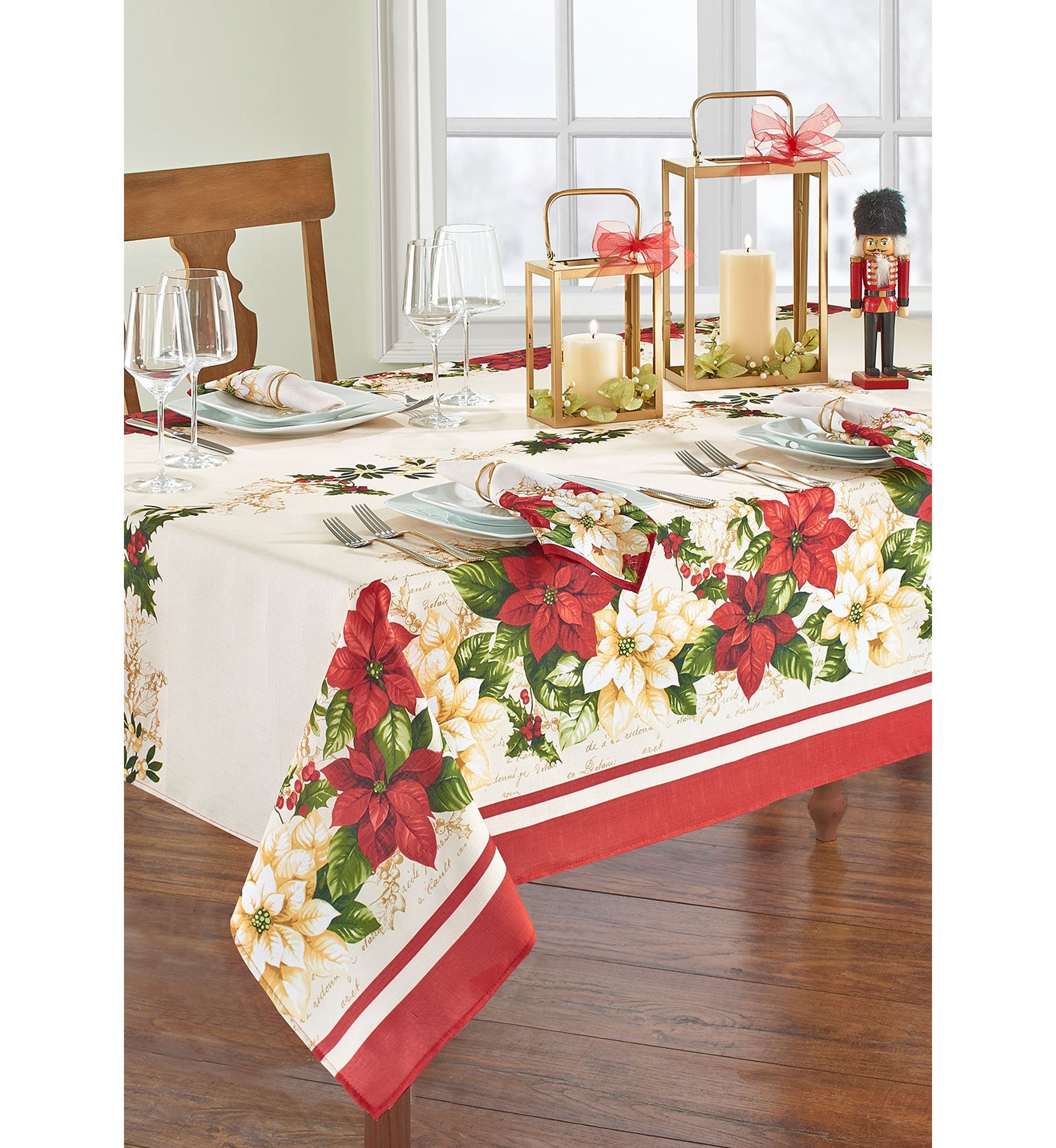 Red and White Poinsettias Rectangular Tablecloth