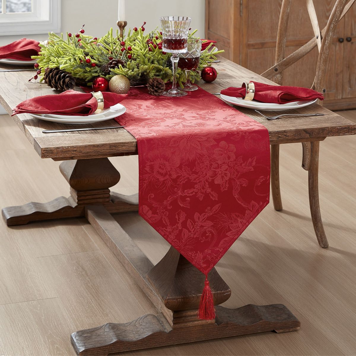 Poinsettia Elegance Jacquard Holiday Table Runner - 13" x 70"