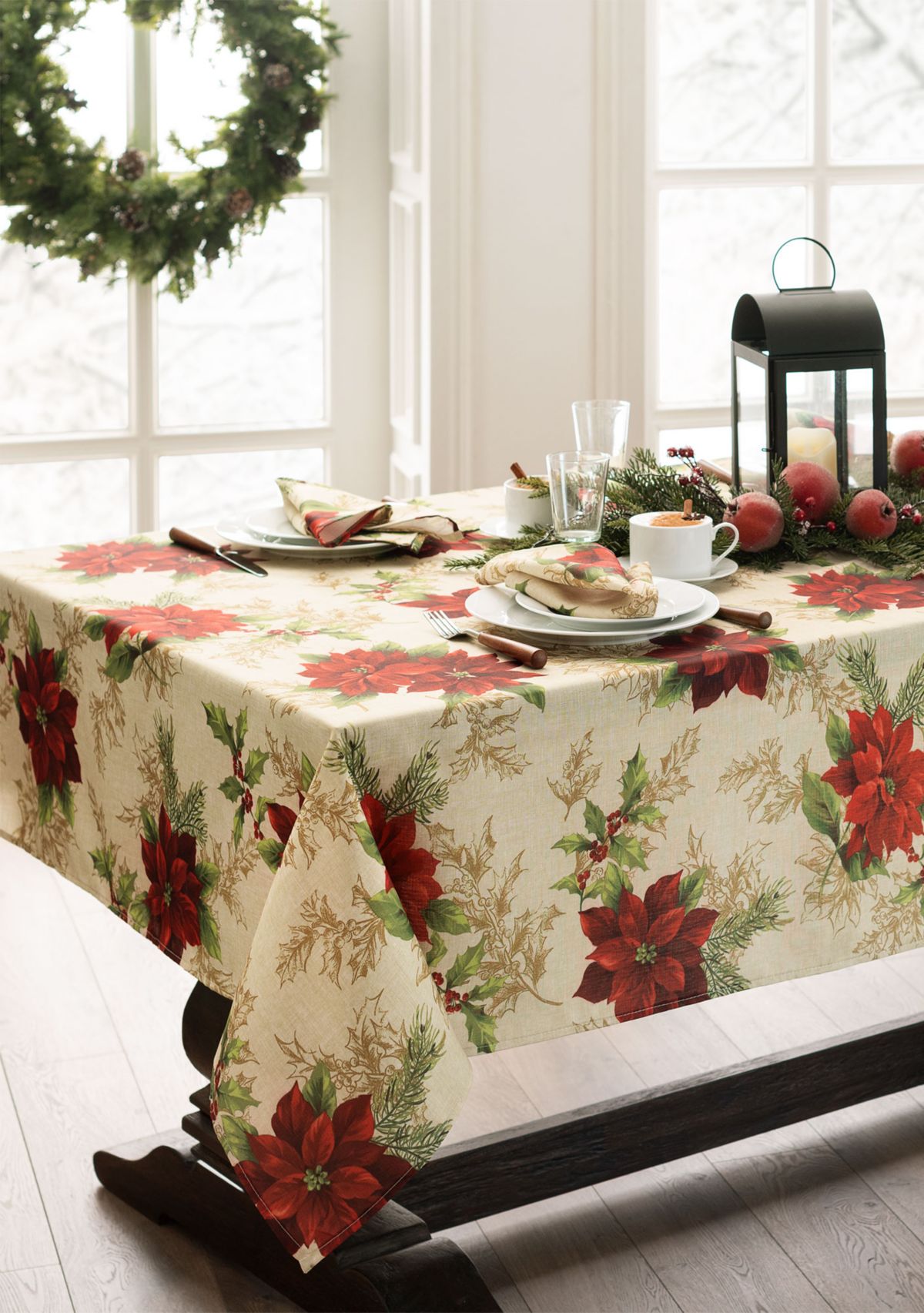 Festive Poinsettia Holiday Rectangular Fabric Tablecloth