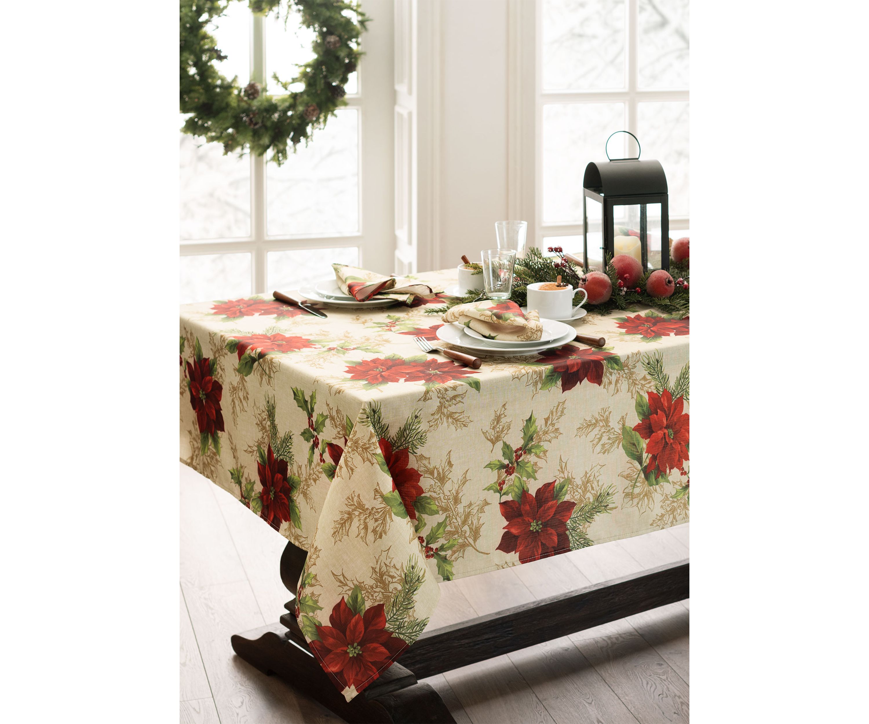 Festive Poinsettia Holiday Rectangular Fabric Tablecloth