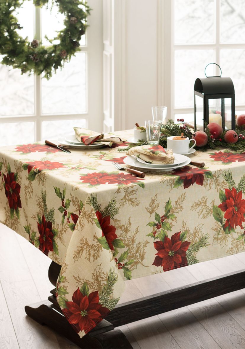 Festive Poinsettia Holiday Rectangular Fabric Tablecloth