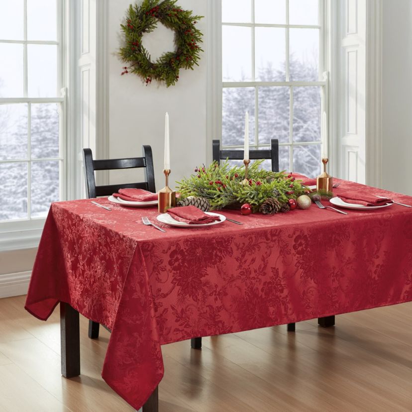 Poinsettia Elegance Jacquard Holiday Square/Rectangle Tablecloth