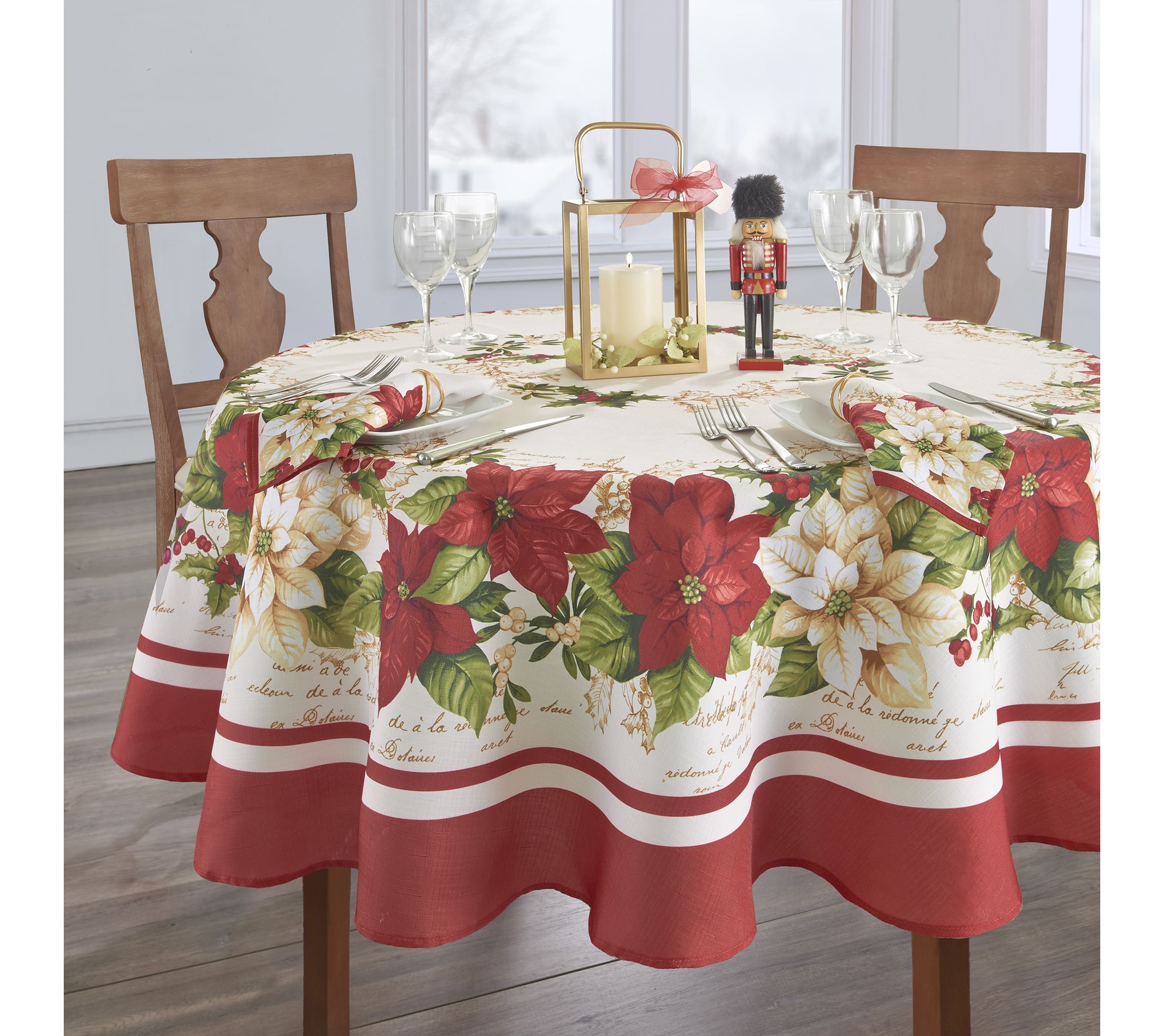 Red and White Poinsettias Tablecloth - Round/Oval