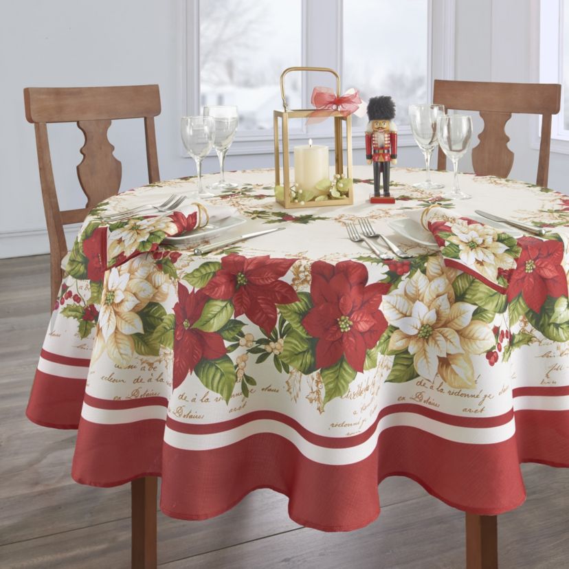 Red and White Poinsettias Tablecloth - Round/Oval