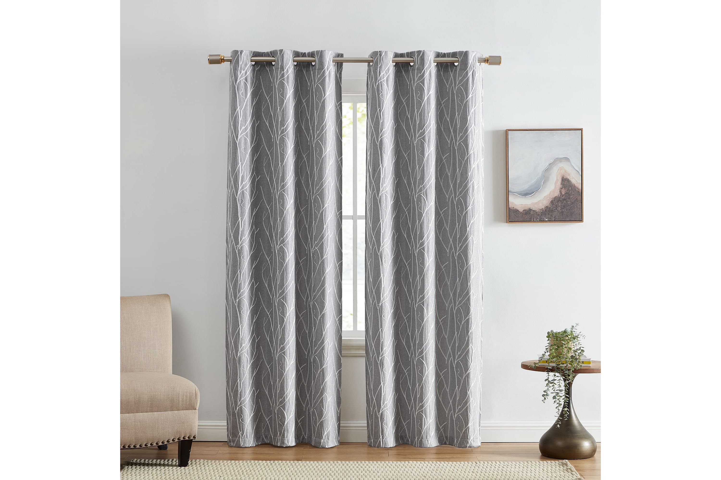 Sterling Branch Motif Embroidered Blackout Window Curtain Panel, Set of 2