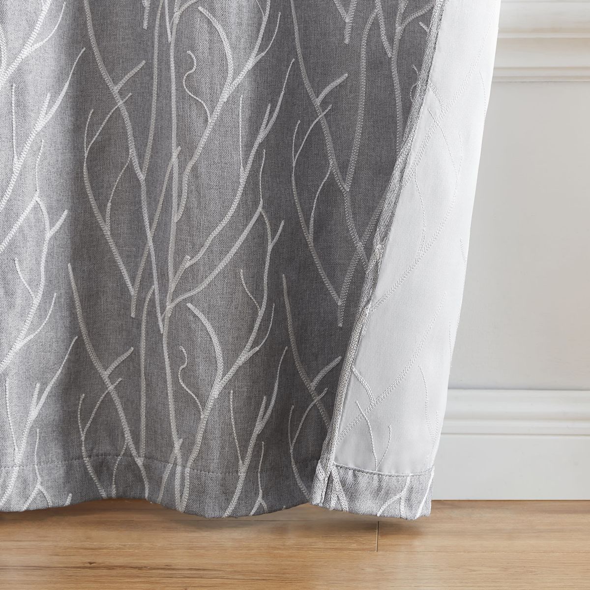 Sterling Branch Motif Embroidered Blackout Window Curtain Panel, Set of 2