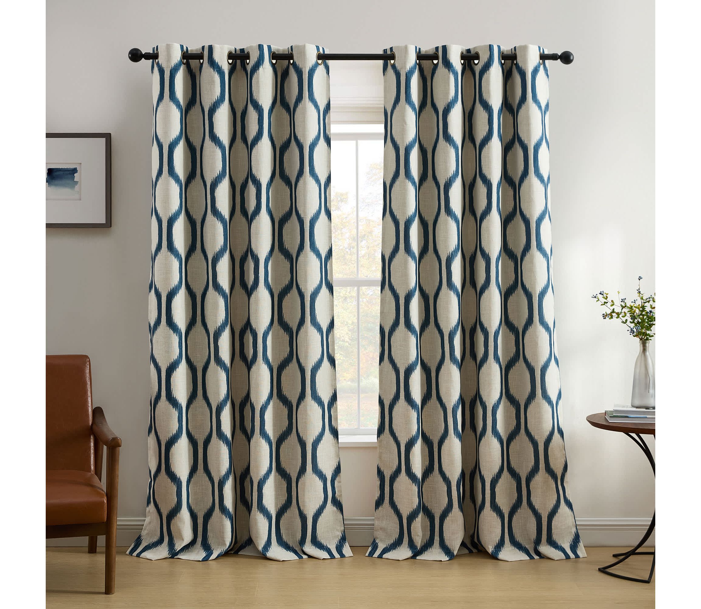 Renzo Ikat Geometric Linen Room Darkening Window Curtain