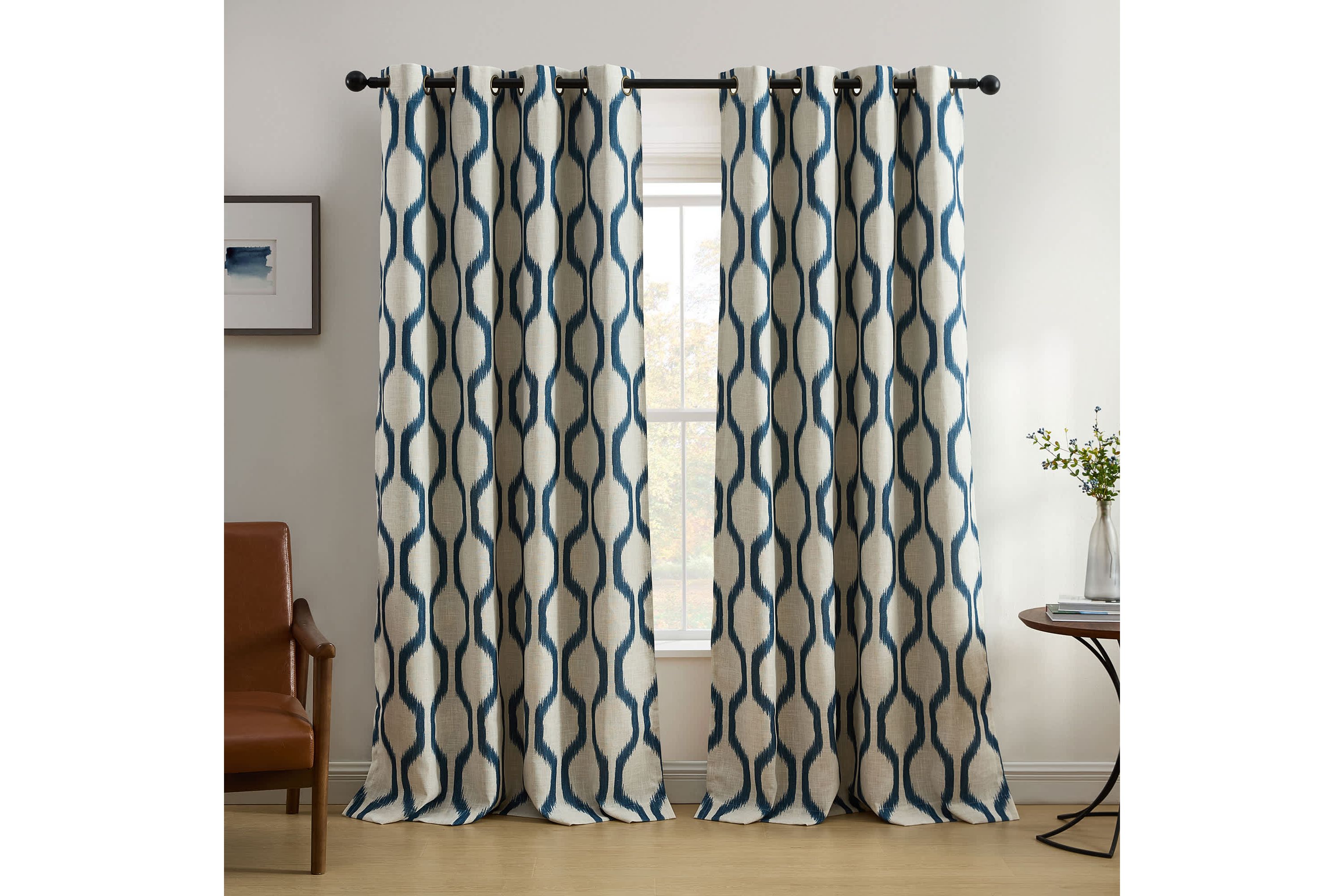 Renzo Ikat Geometric Linen Room Darkening Window Curtain