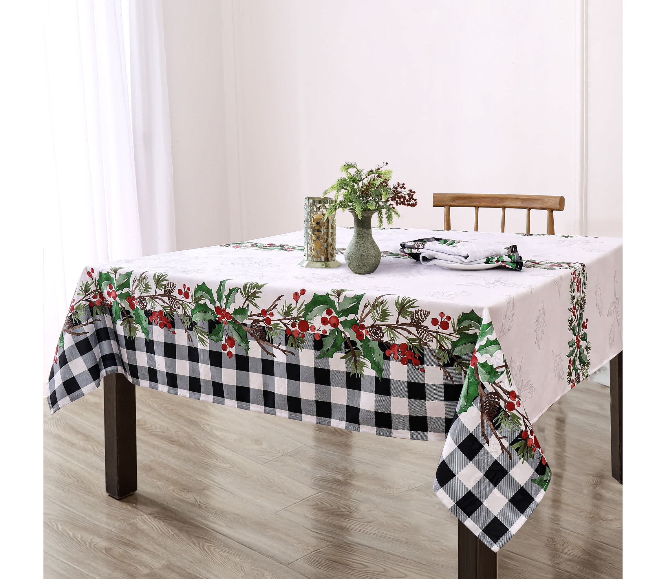 Holly Farmhouse Charm Holiday Rectangle Fabric Tablecloth