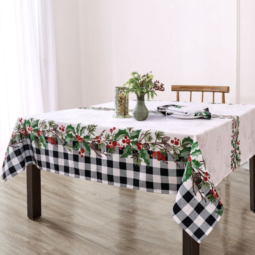 Holly Farmhouse Charm Holiday Rectangle Fabric Tablecloth