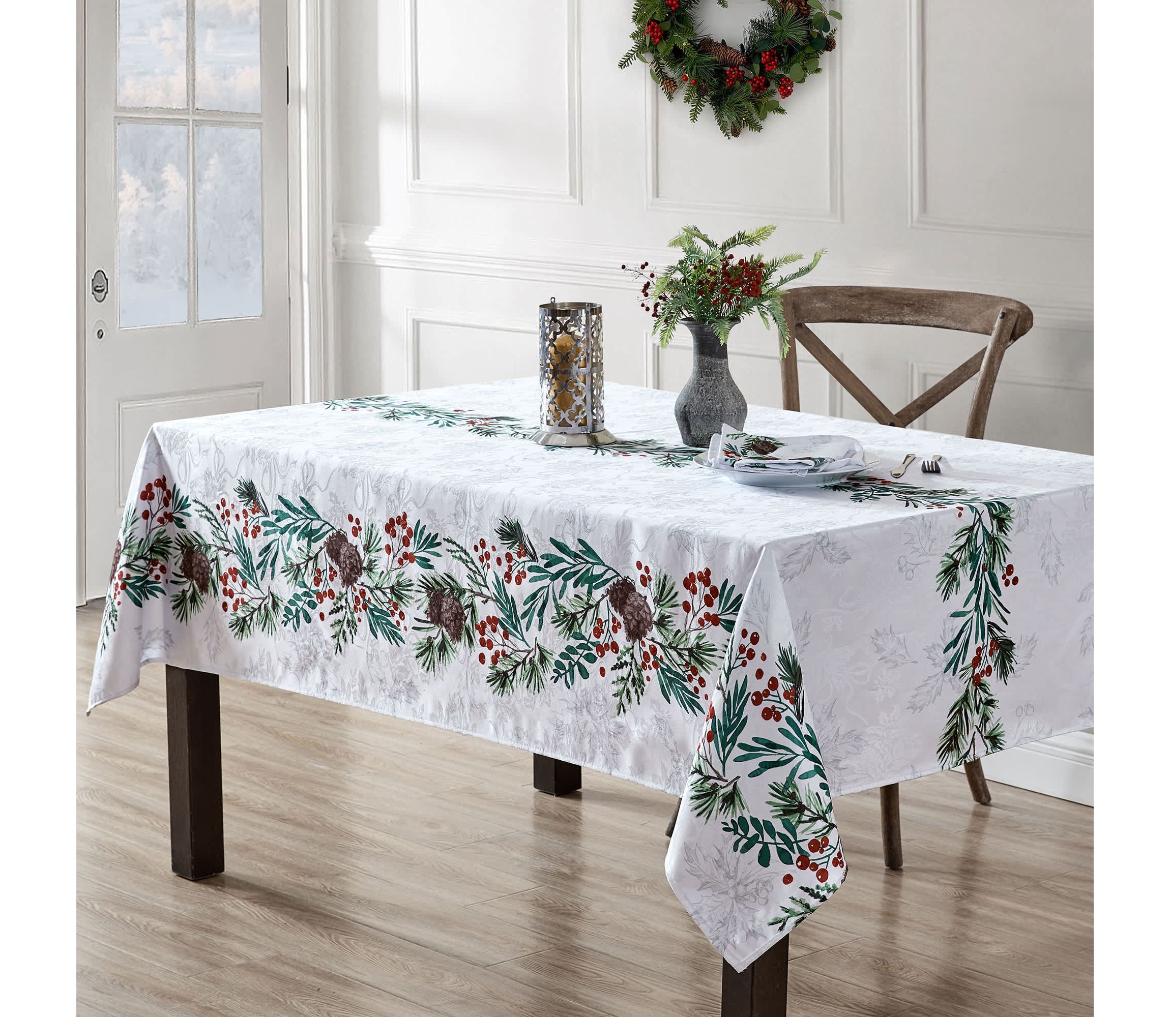 Holly Berry Flourish Holiday Rectangle Fabric Tablecloth