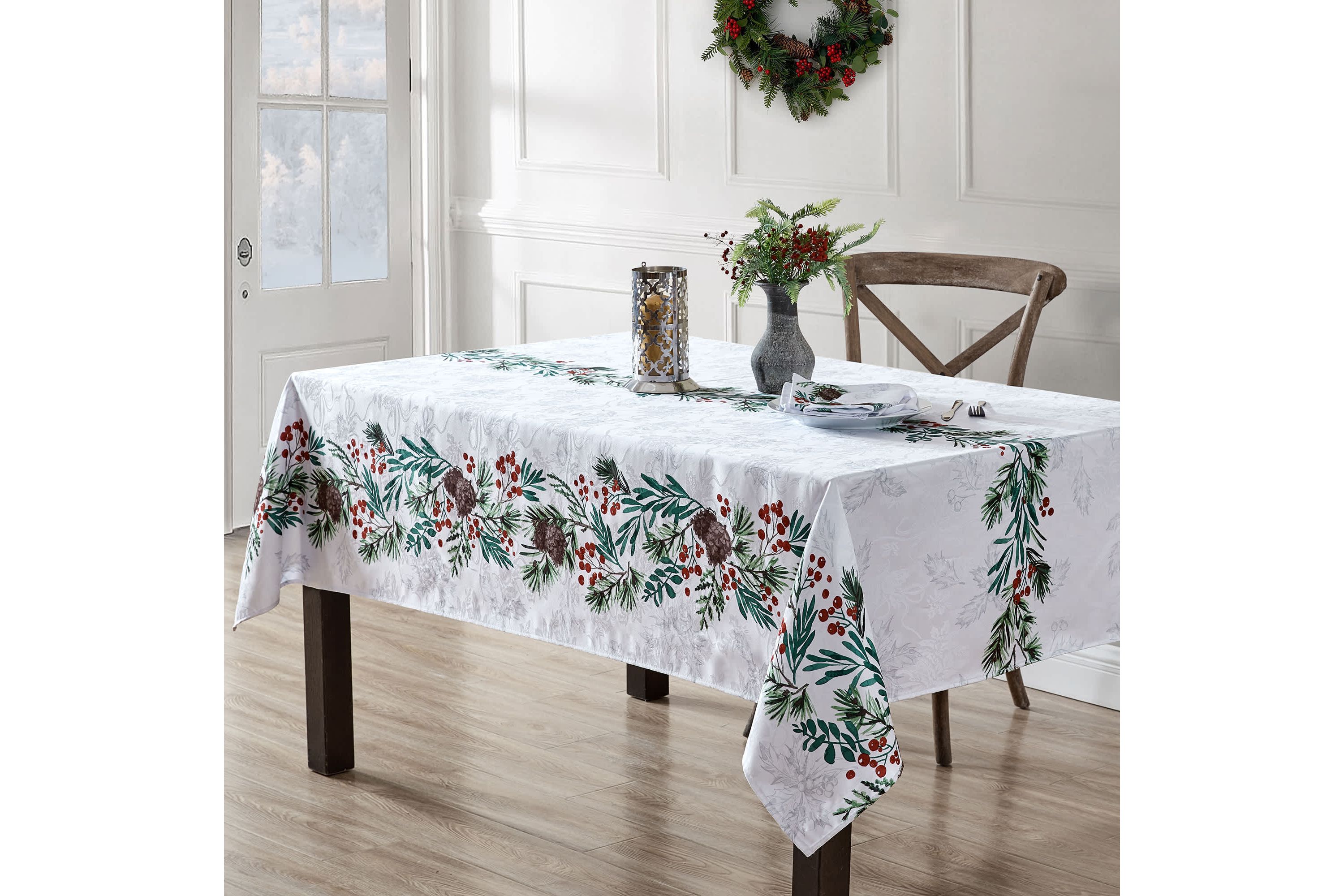 Holly Berry Flourish Holiday Rectangle Fabric Tablecloth