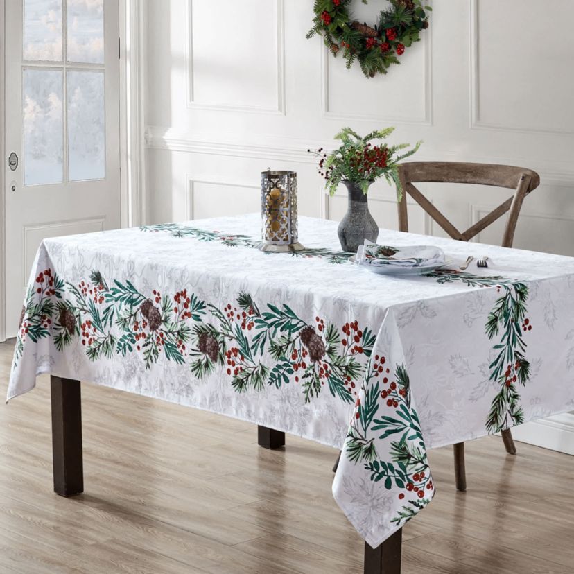 Holly Berry Flourish Holiday Rectangle Fabric Tablecloth