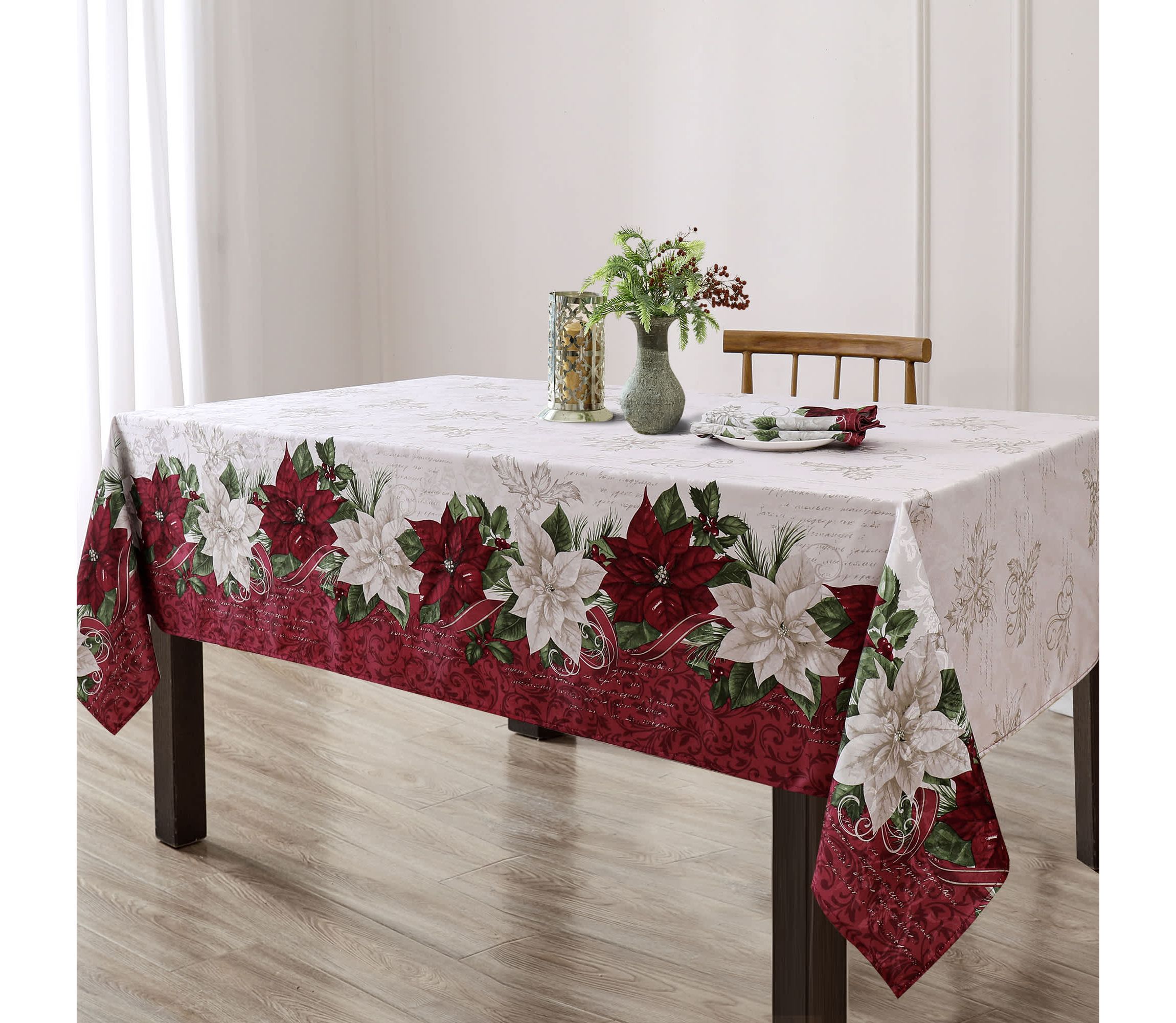 Clarette Poinsettia Holiday Rectangle Fabric Tablecloth