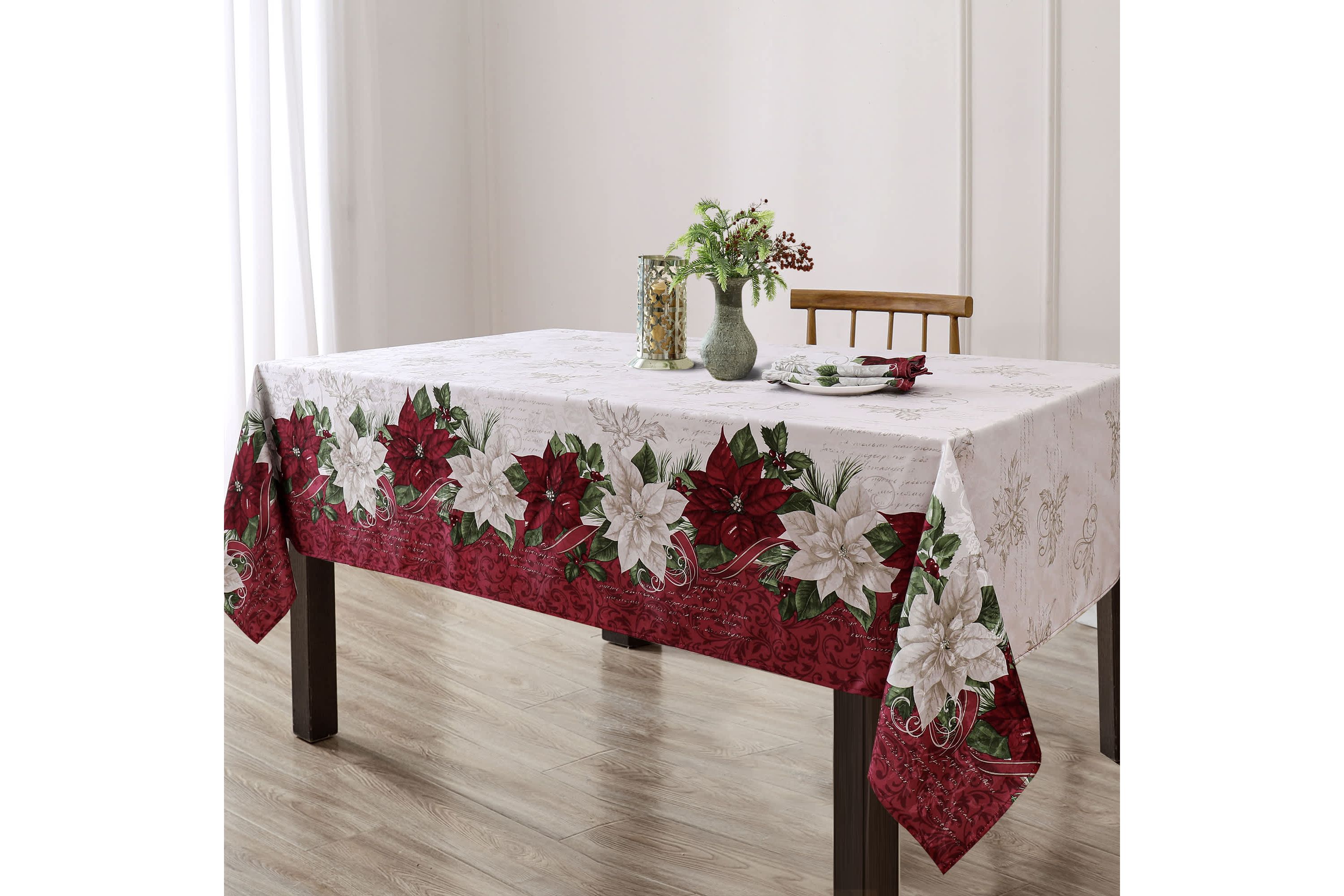 Clarette Poinsettia Holiday Rectangle Fabric Tablecloth