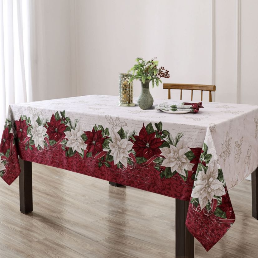 Clarette Poinsettia Holiday Rectangle Fabric Tablecloth