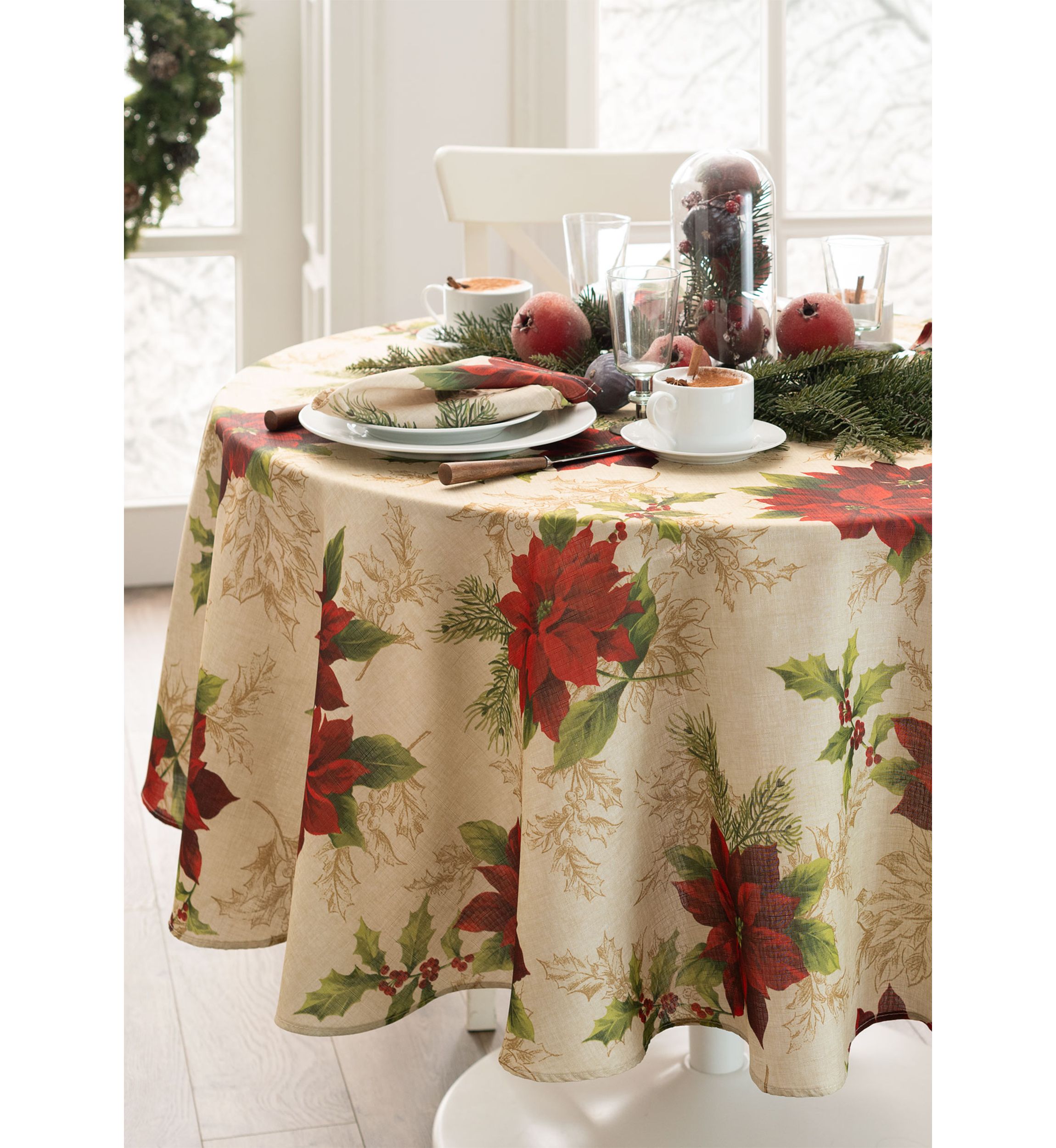 Festive Poinsettia Holiday Fabric Tablecloth - Round/Oval