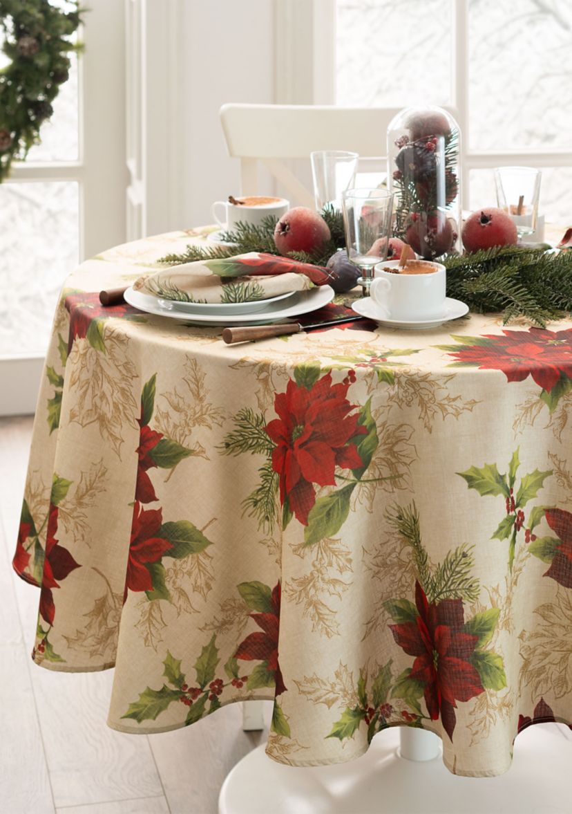 Festive Poinsettia Holiday Fabric Tablecloth - Round/Oval