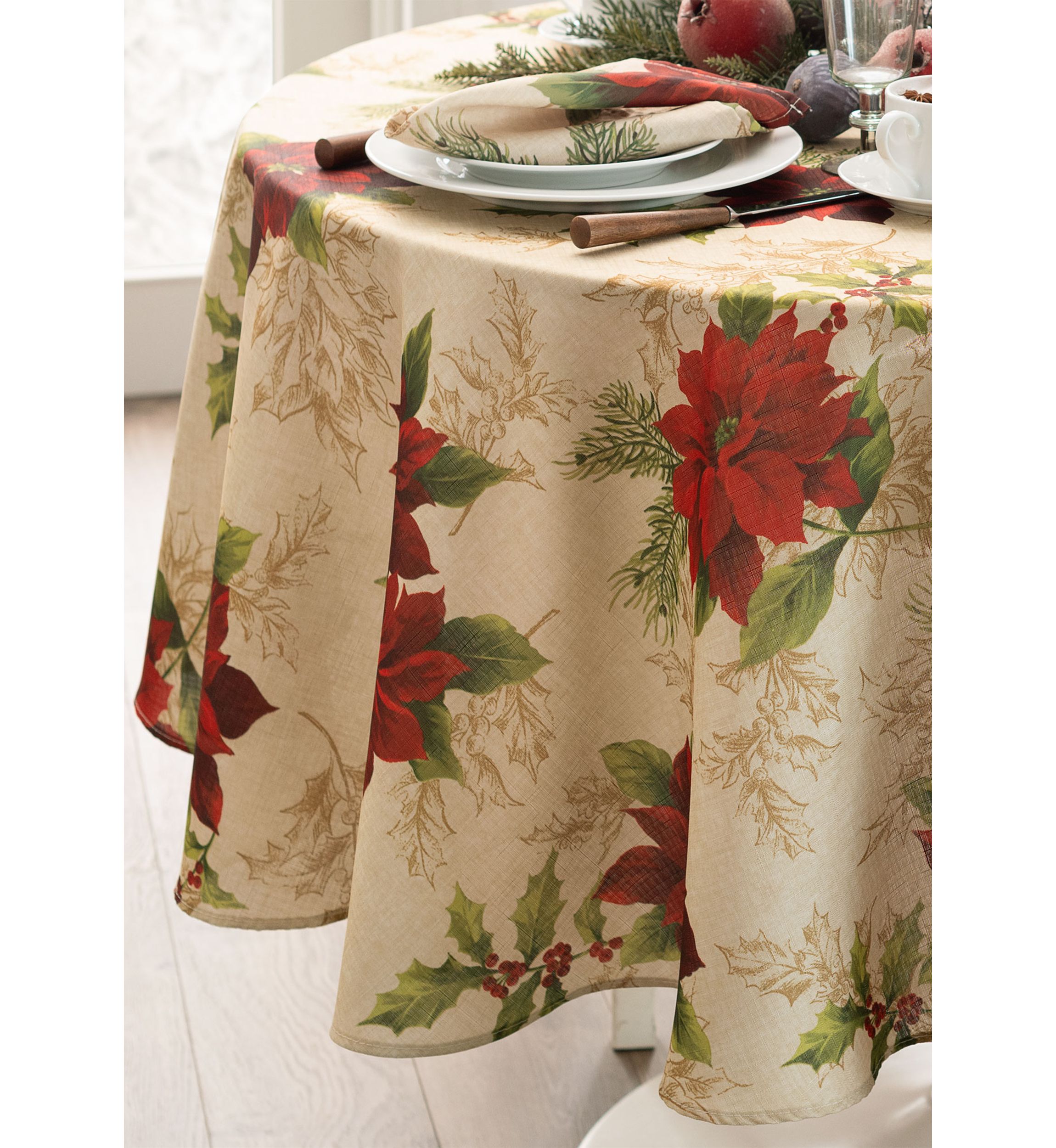 Festive Poinsettia Holiday Fabric Tablecloth - Round/Oval