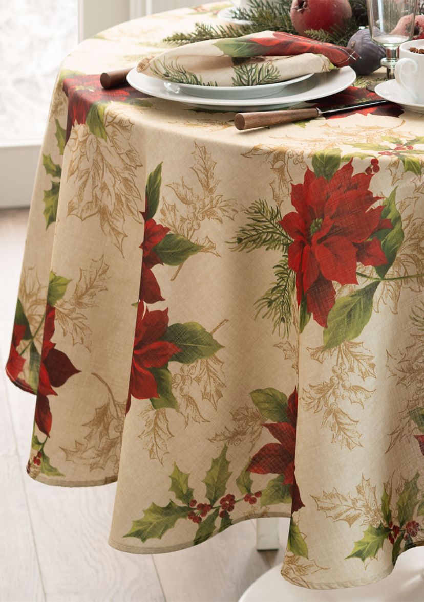 Festive Poinsettia Holiday Fabric Tablecloth - Round/Oval