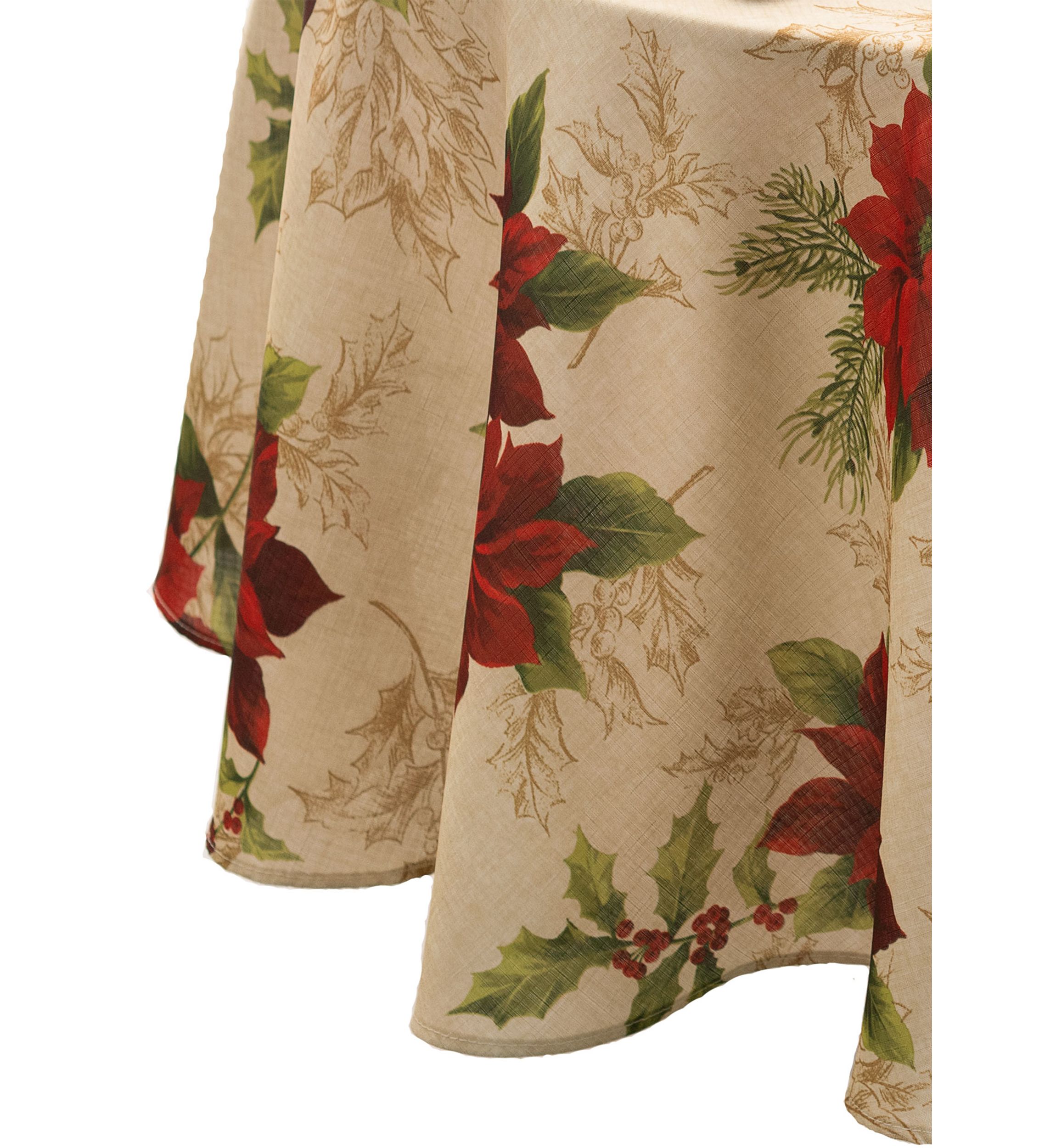 Festive Poinsettia Holiday Fabric Tablecloth - Round/Oval