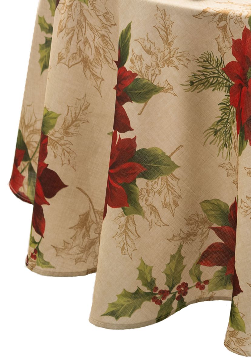 Festive Poinsettia Holiday Fabric Tablecloth - Round/Oval