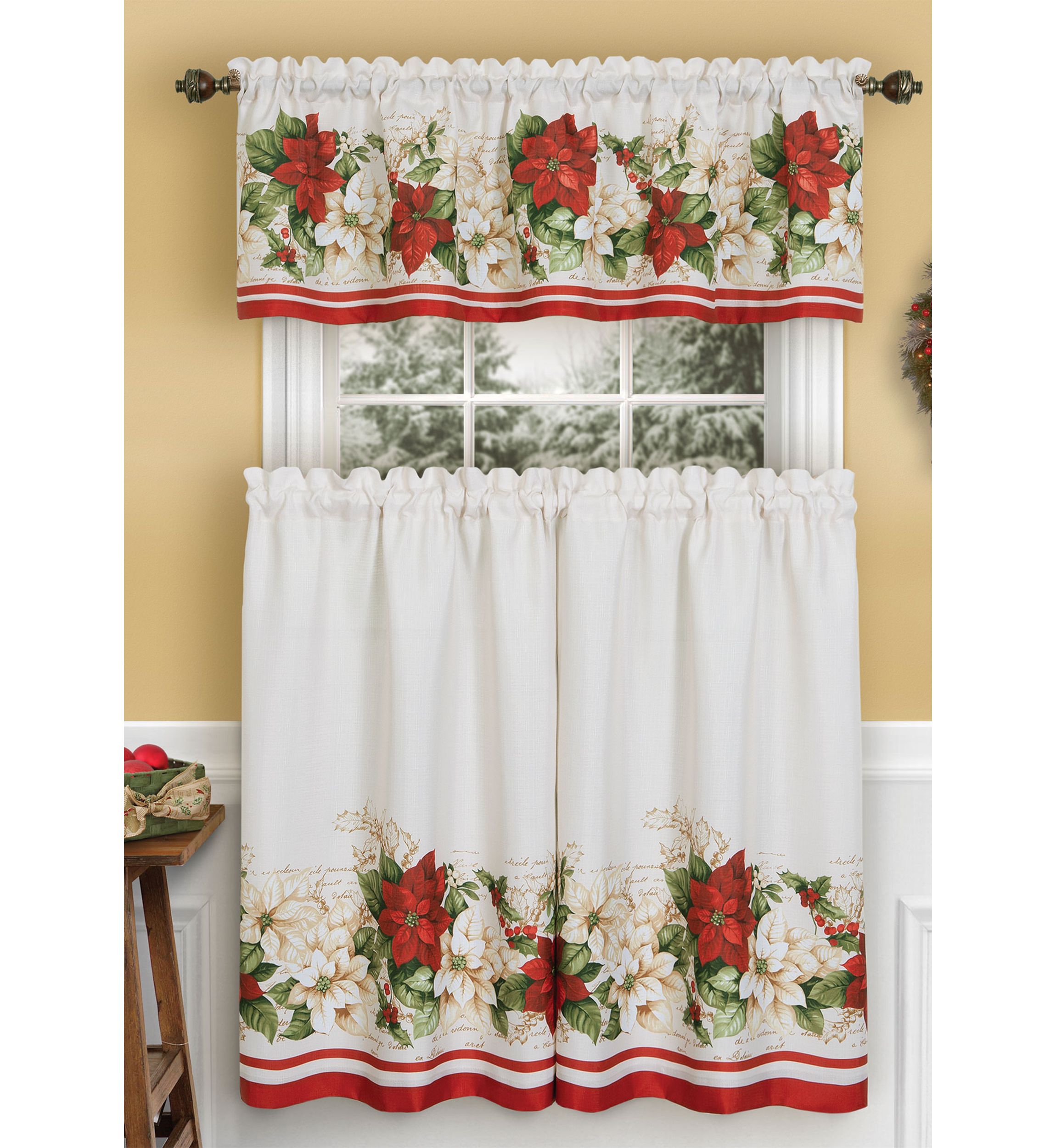 Red and White Poinsettia Kitchen Tiers and Valance Set