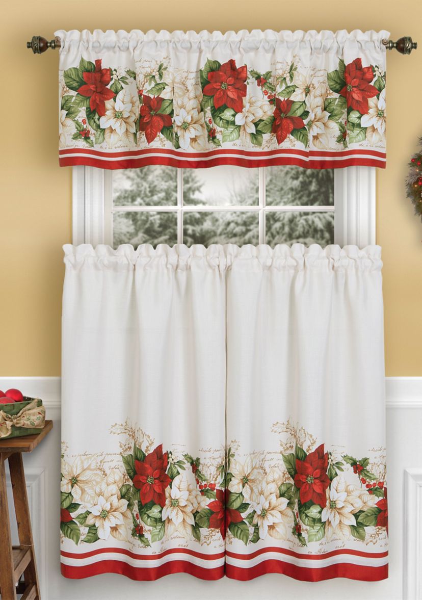Red and White Poinsettia Kitchen Tiers and Valance Set