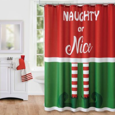 Threadmade Home Elf Naughty or Nice Christmas Holiday Fabric Shower Curtain for Bathroom, Red/Green - 70" x 72"
