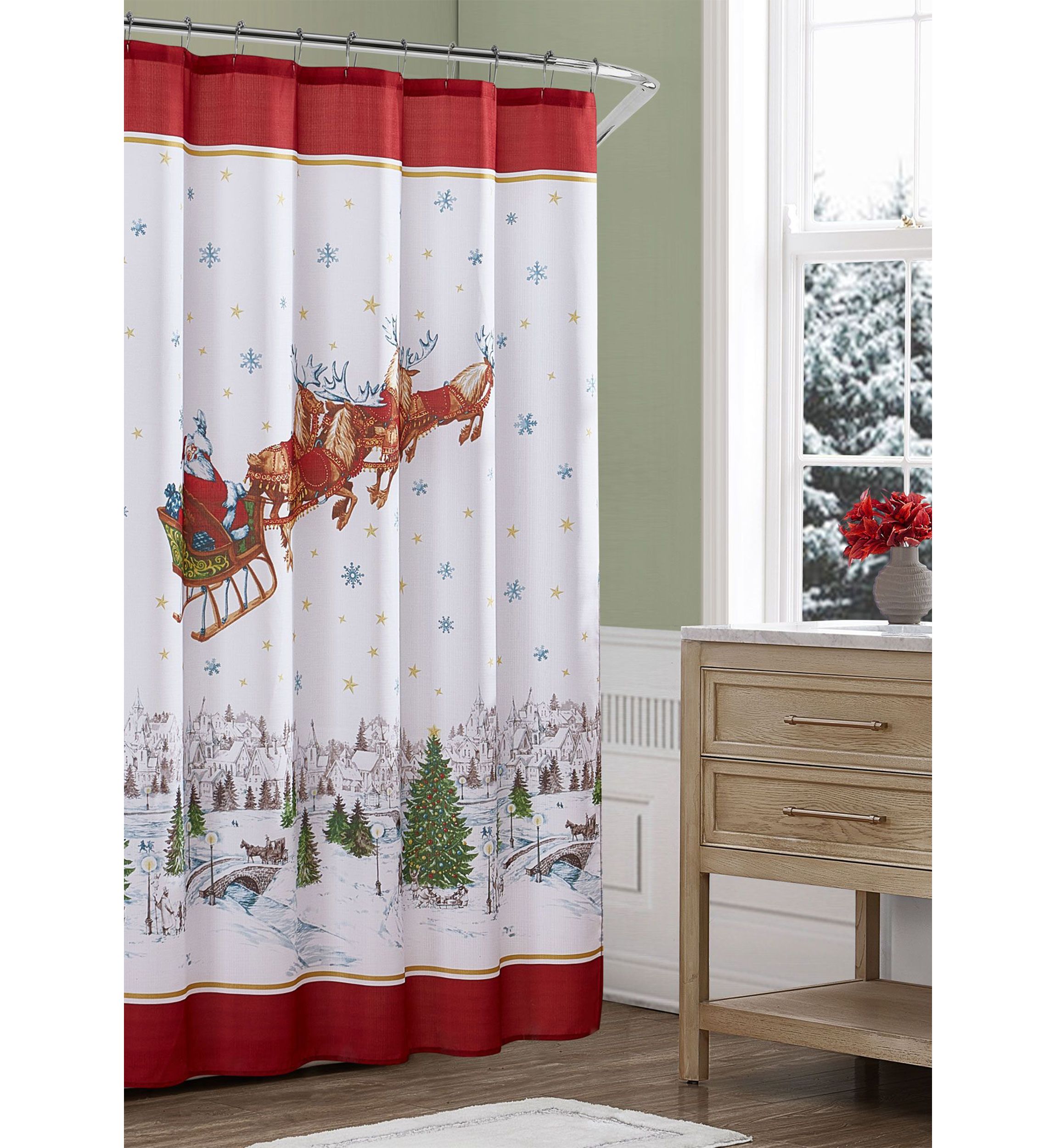 Santa’s Snowy Sleighride Holiday Fabric Shower Curtain - 70" x 72"