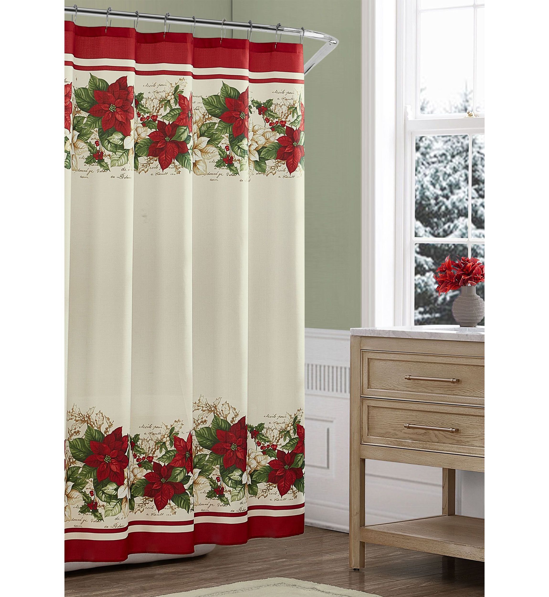 Red and White Poinsettias Holiday Fabric Shower Curtain - 70" x 72"