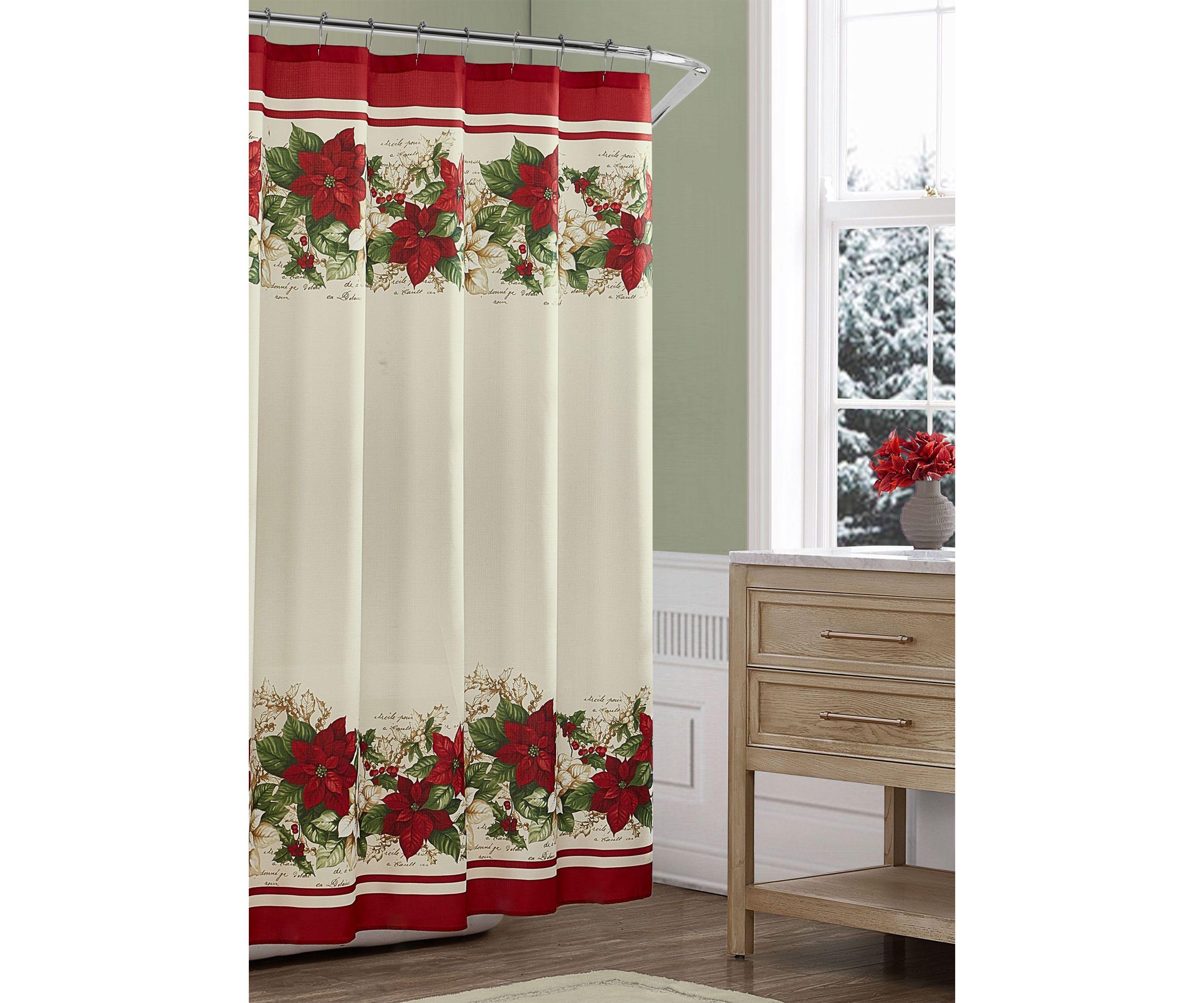 Red and White Poinsettias Holiday Fabric Shower Curtain - 70" x 72"