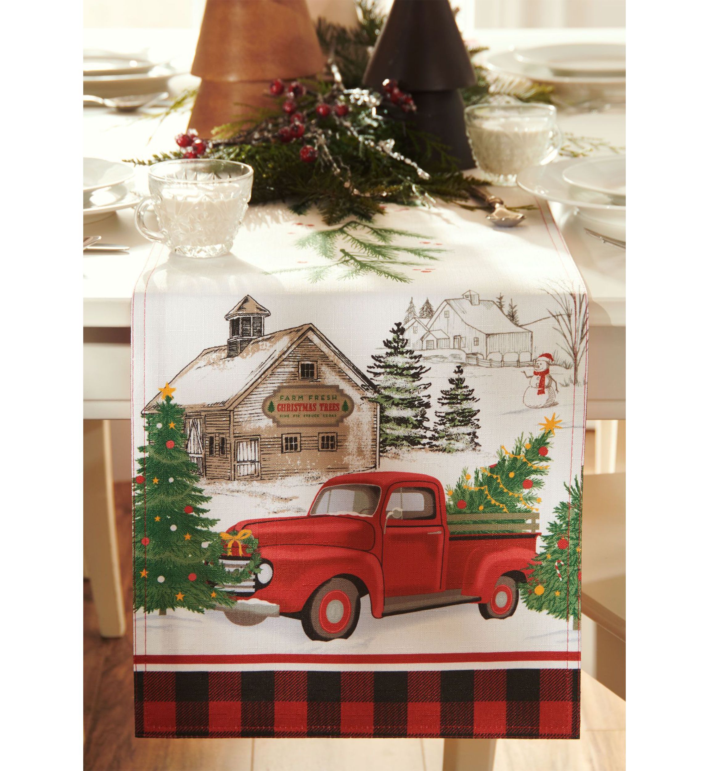 Vintage Christmas Tree Farm Holiday Table Runner - 13" x 70"