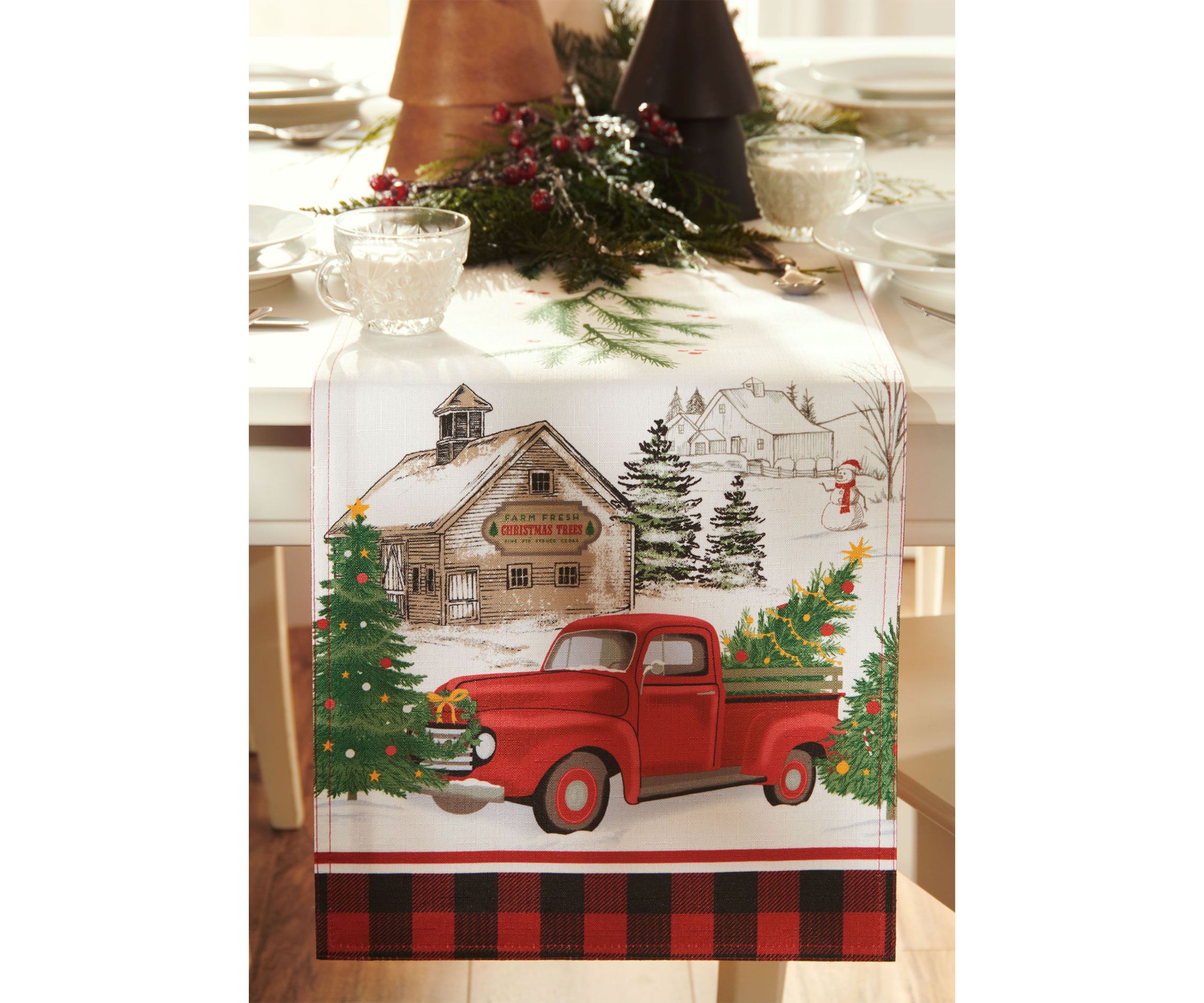 Vintage Christmas Tree Farm Holiday Table Runner - 13" x 70"