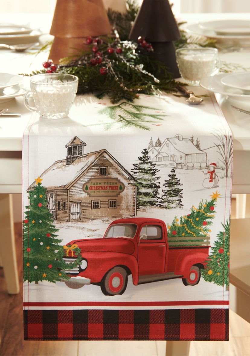 Vintage Christmas Tree Farm Holiday Table Runner - 13" x 70"