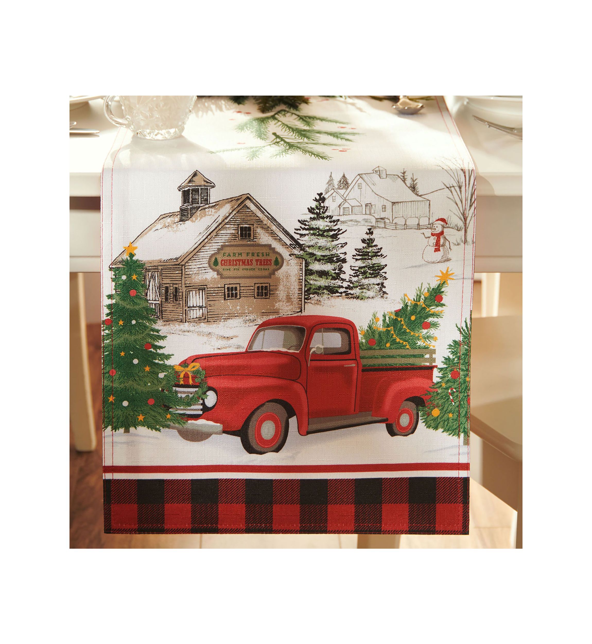 Vintage Christmas Tree Farm Holiday Table Runner - 13" x 70"