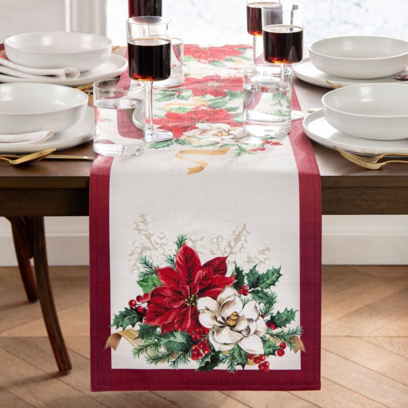 Poinsettia Garlands Engineered Table Runner, 13x70