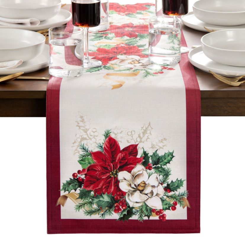 Poinsettia Garlands Engineered Table Runner, 13x70