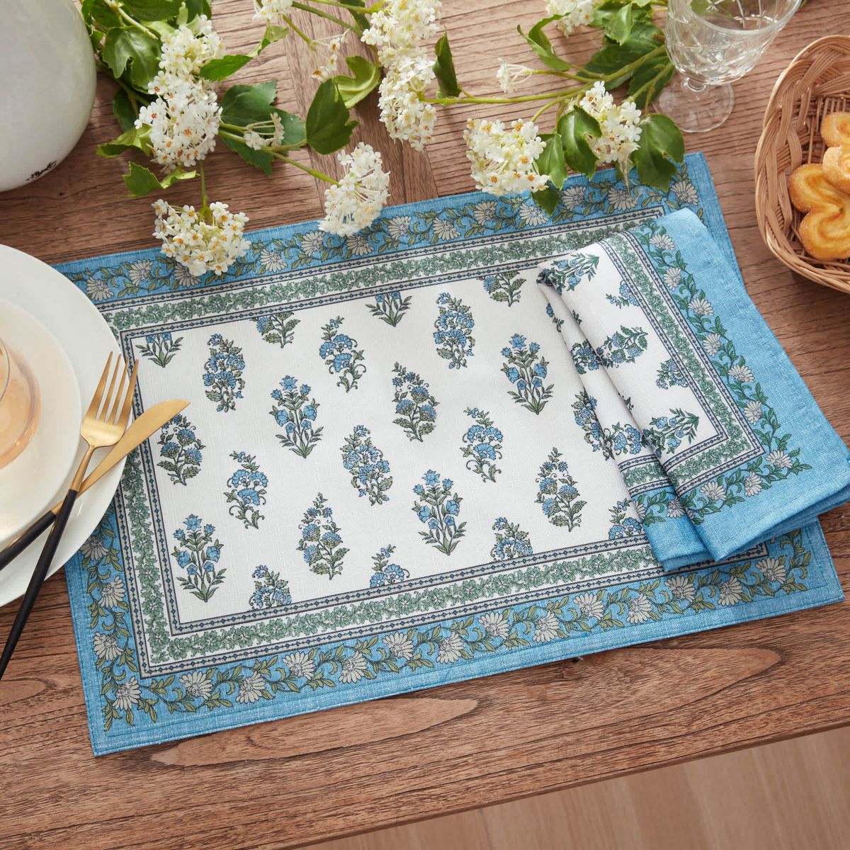 Tropez Block Print Stain & Water Resistant Indoor/Outdoor Placemats, Set of 4 - 13x19