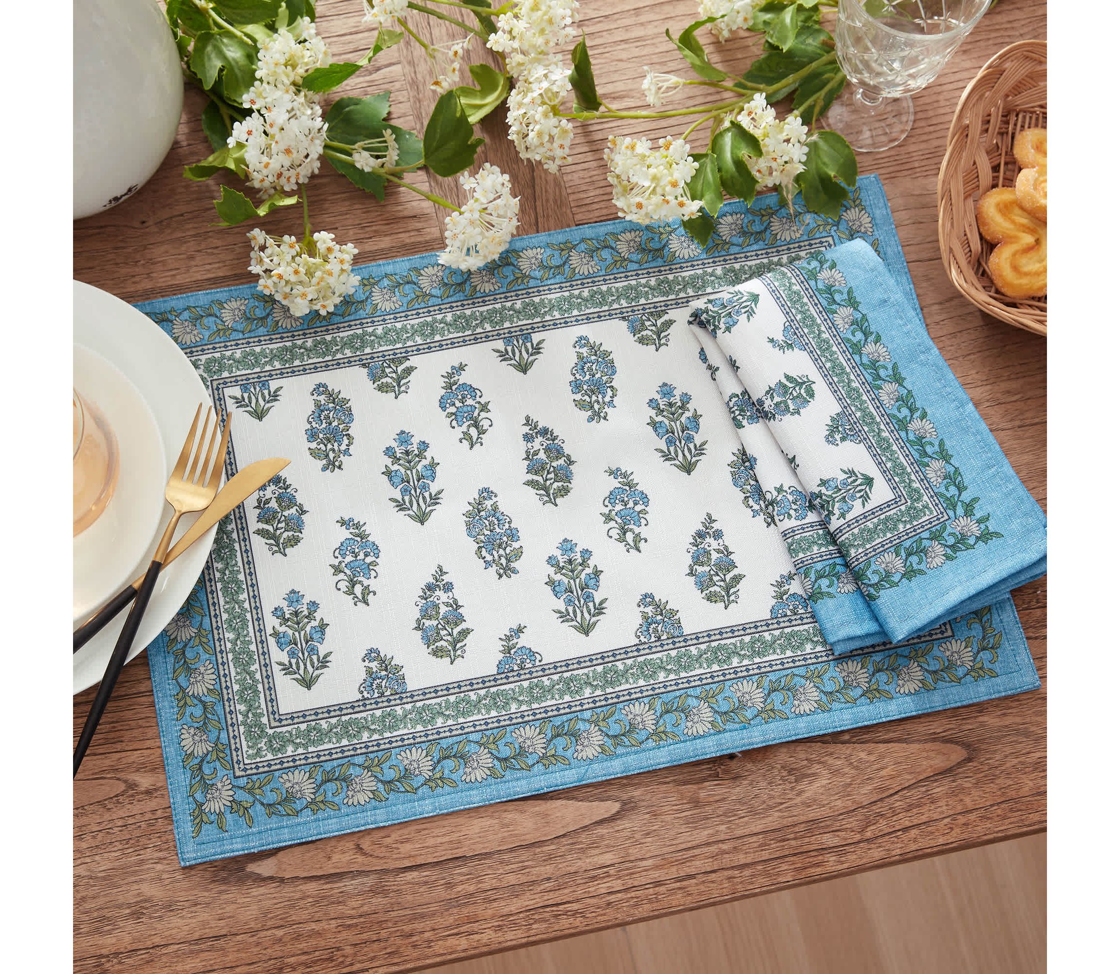 Tropez Block Print Stain & Water Resistant Indoor/Outdoor Placemats, Set of 4 - 13x19