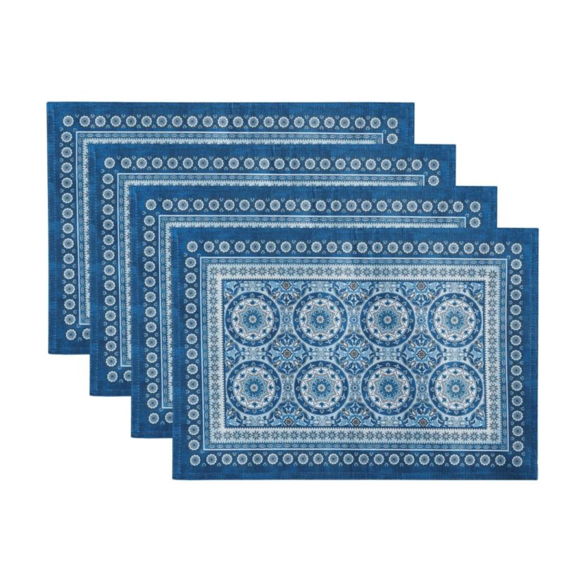 Vietri Medallion Block Print Stain & Water Resistant Indoor/Outdoor Placemats, Set of 4 - 13x19