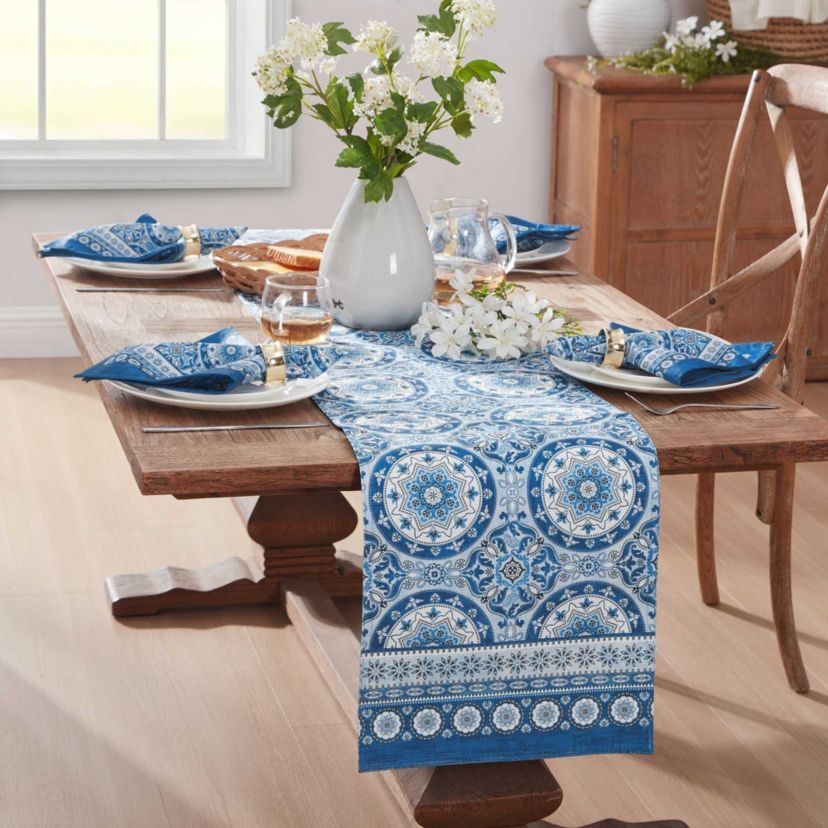 Vietri Medallion Block Print Stain & Water Resistant Indoor/Outdoor Table Runner - 13x70