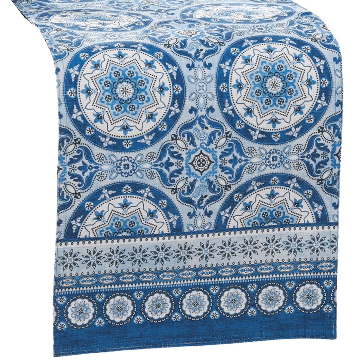 Vietri Medallion Block Print Stain & Water Resistant Indoor/Outdoor Table Runner - 13x70