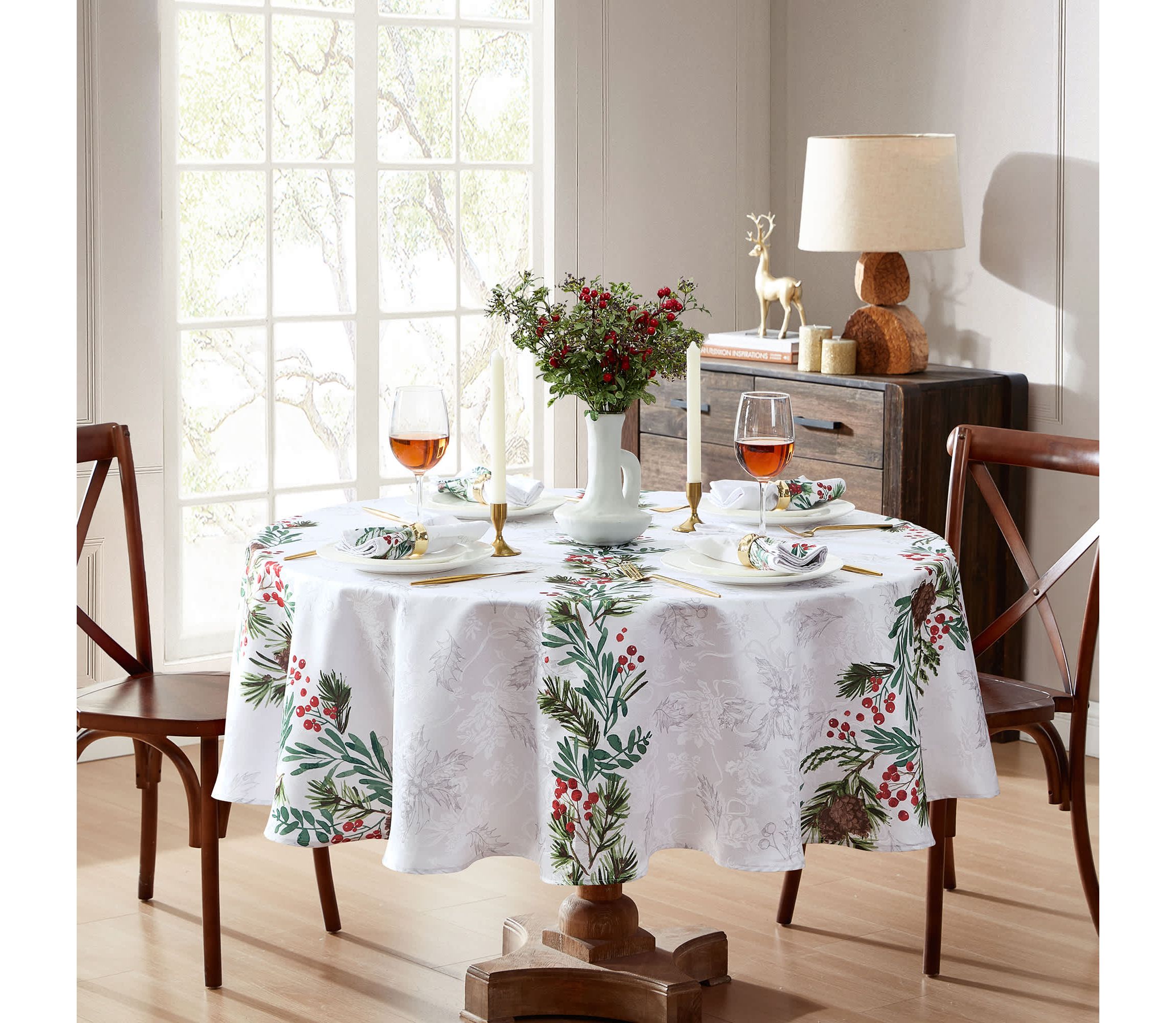 Holly Berry Flourish Holiday Round Fabric Tablecloth