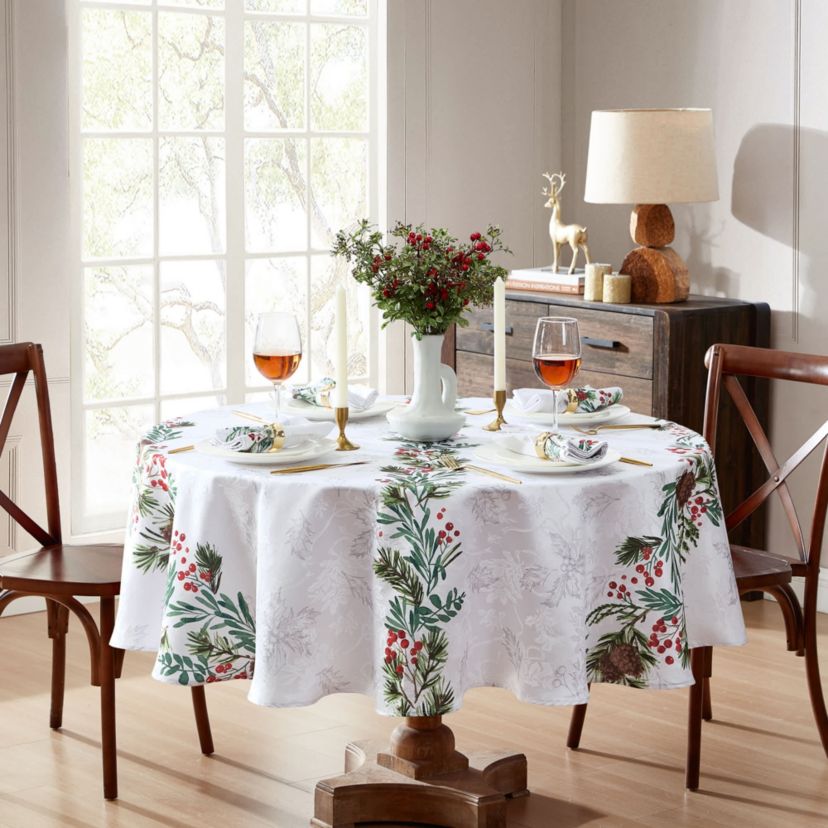 Holly Berry Flourish Holiday Round Fabric Tablecloth