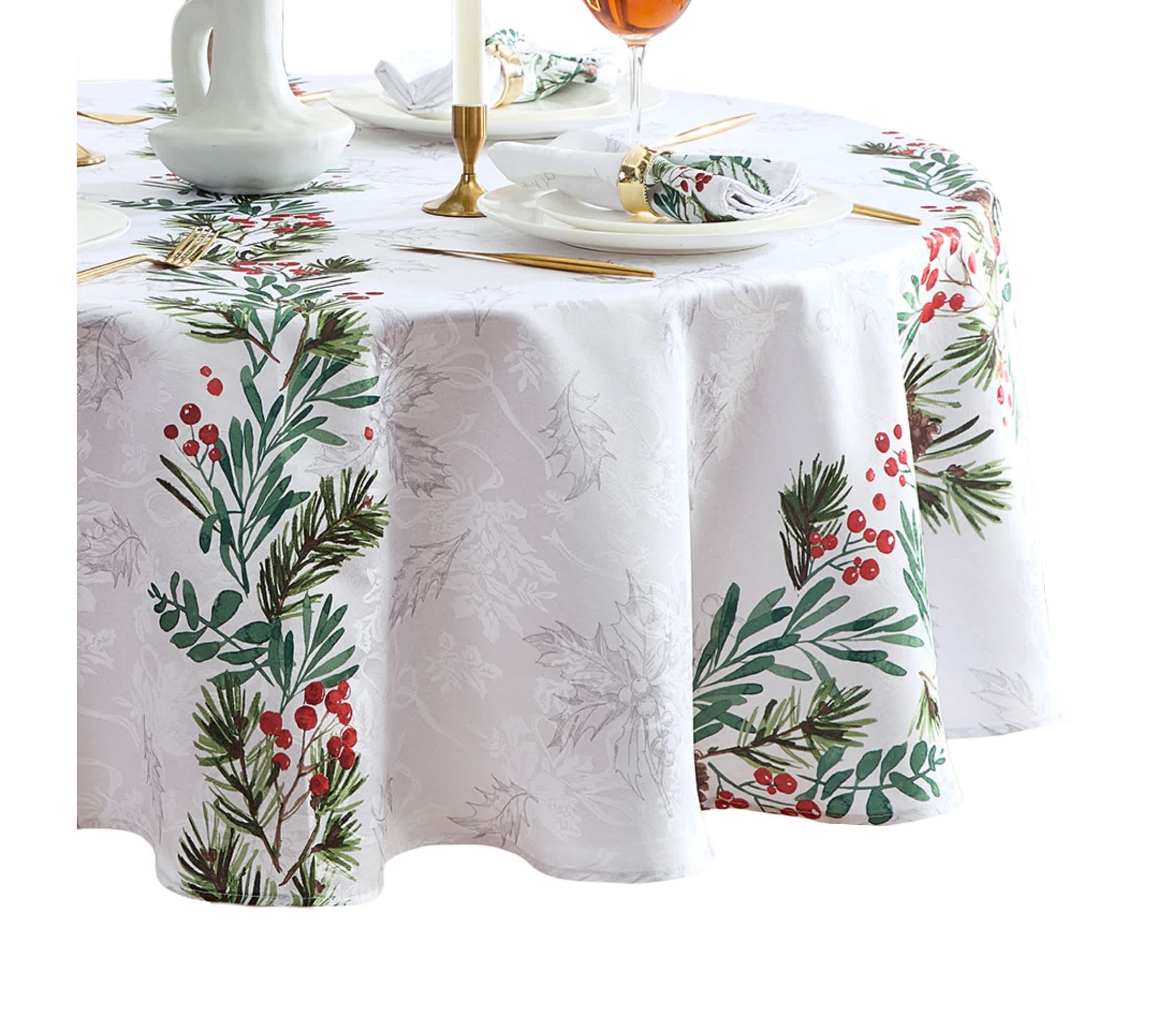 Holly Berry Flourish Holiday Round Fabric Tablecloth